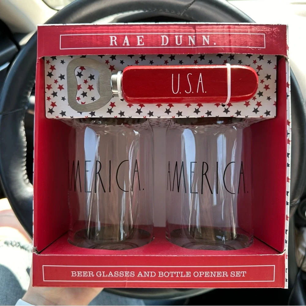 NEW Rae Dunn Patriotic USA America Beer Glasses with Bottle Opener Set NIB